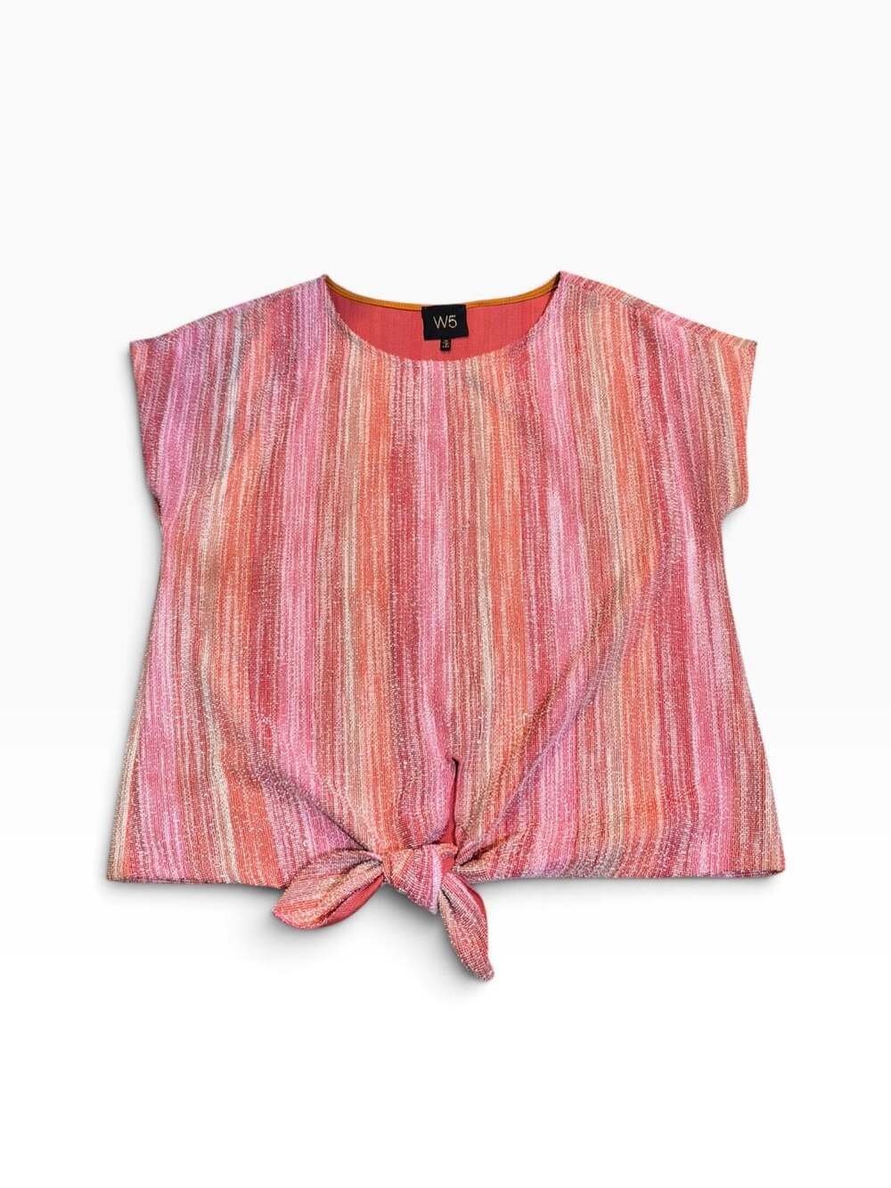 W5 Tie Front Top Size M Pink Orange Striped Cap Sleeve Knit Blouse